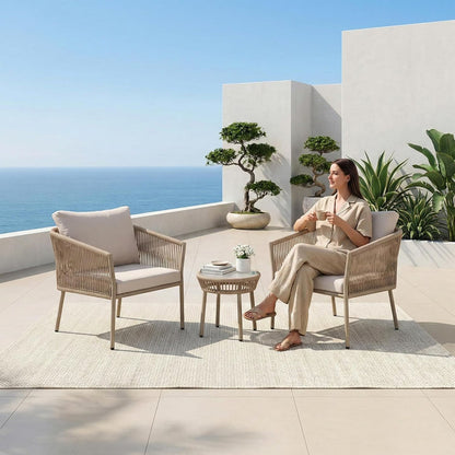 Outdoor Patio Seating Set – 2 Cushioned Chairs & Round Table