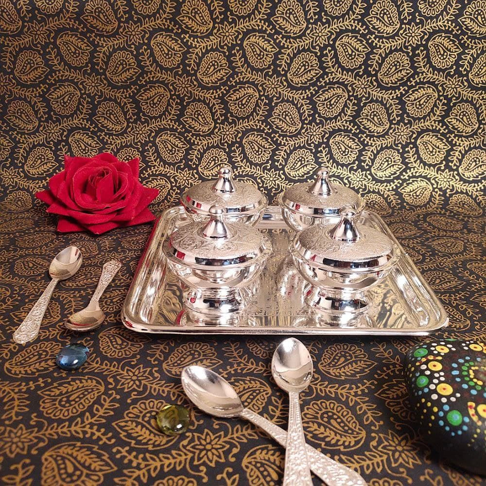 Silver Supari Set of 4 with Spoon & Tray – Handcrafted Traditional Betel Nut Set