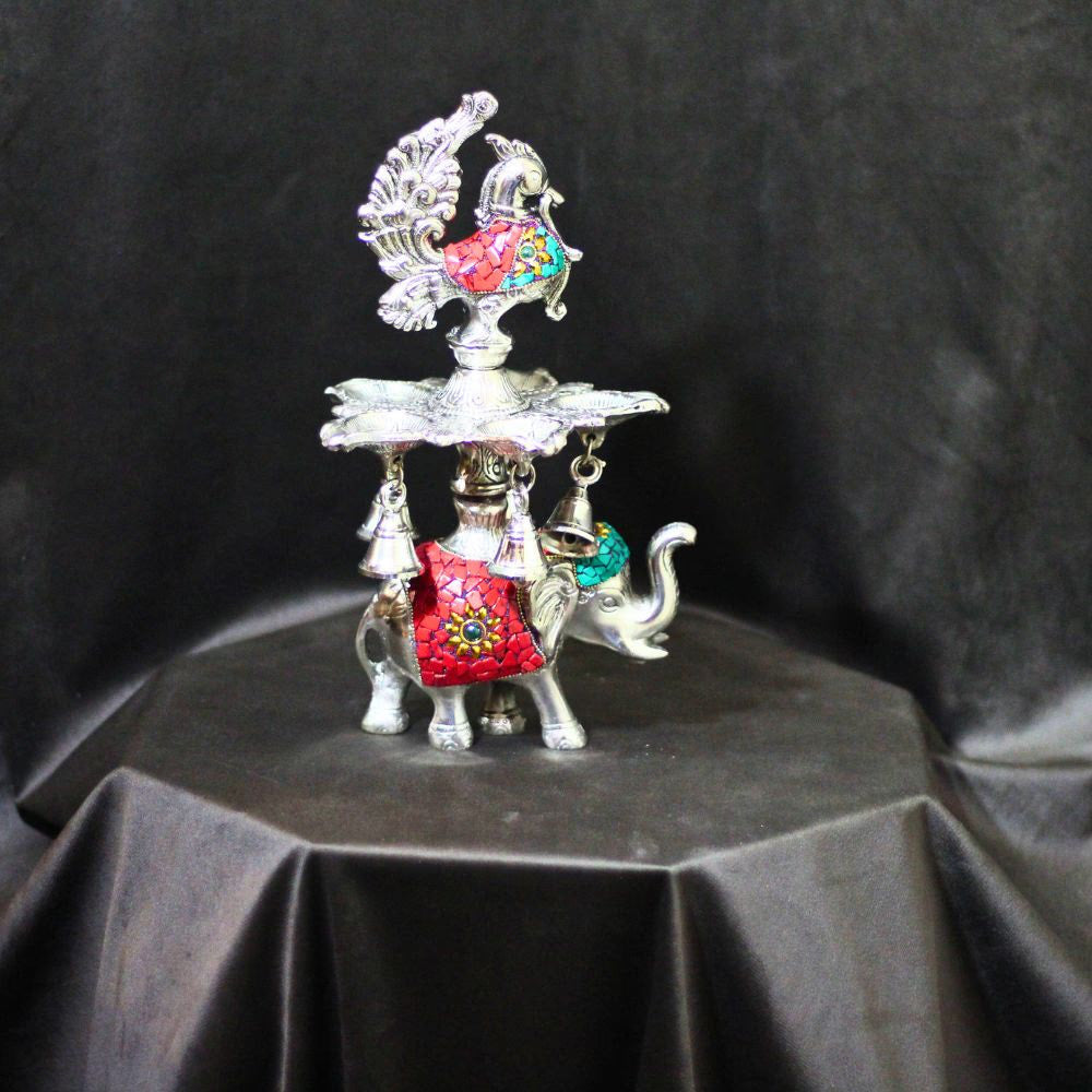 Metal Stone Elephant Samai — Handcrafted Decorative Diya Lamp Stand