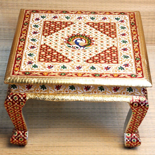 Wooden Printed Peacock Bajot Table 18x13 | Handcrafted Decorative Pooja Chowki | Traditional Wooden Platform for Home Temple & Festivals