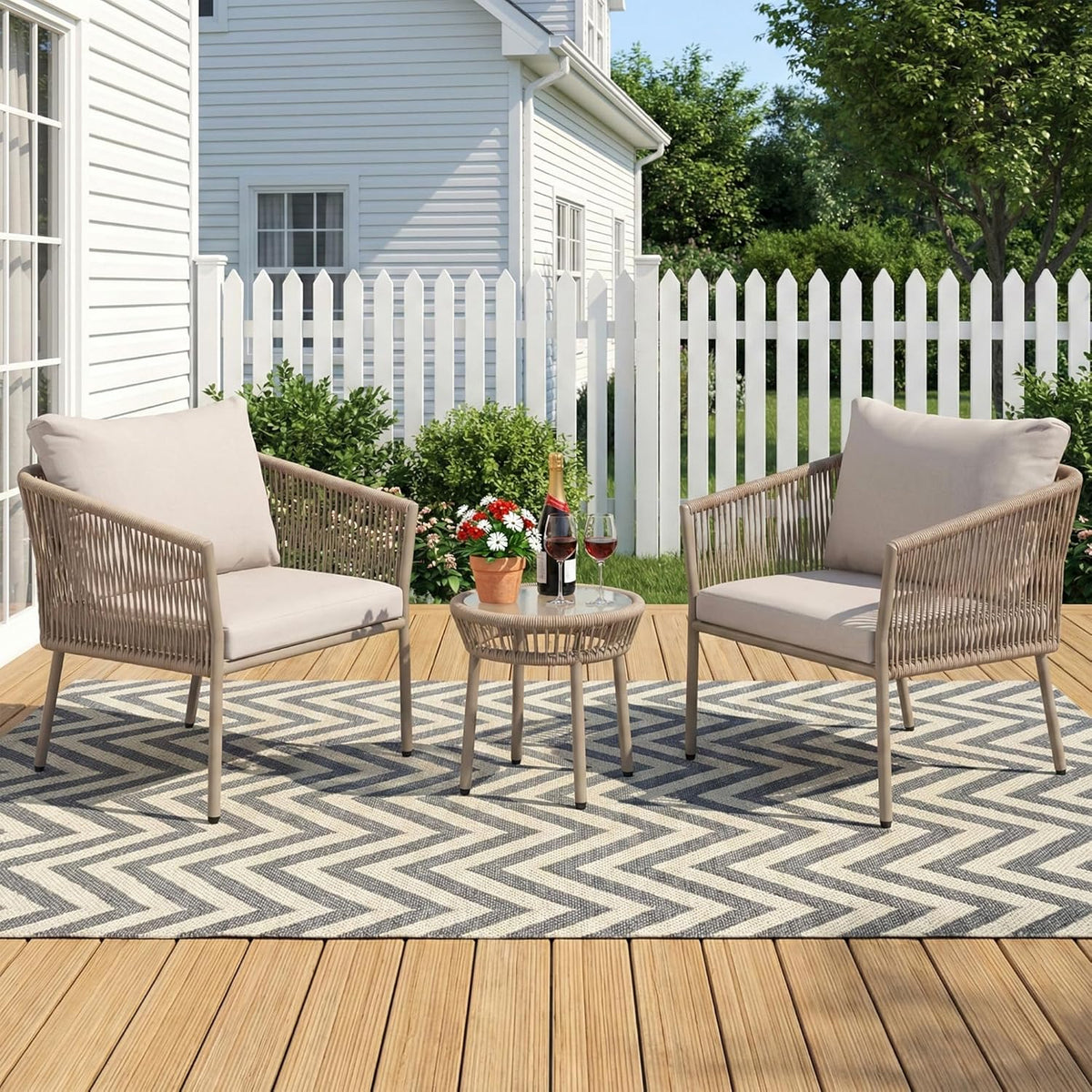 Outdoor Patio Seating Set – 2 Cushioned Chairs & Round Table