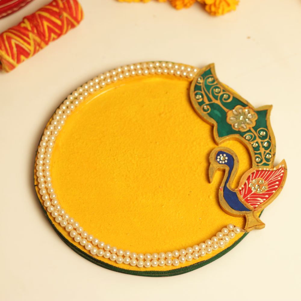2 Liner Pearl Studded Peacock Yellow Pooja Thaali