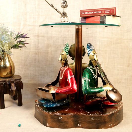 Handcrafted Musician Table – Wooden Rajasthani Art Decorative Side Table