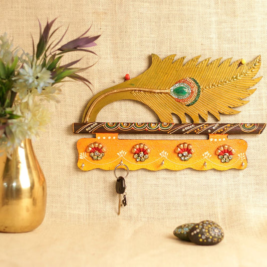 Wooden Kundan Peacock Feather Key Stand — Handcrafted Decorative Key Holder