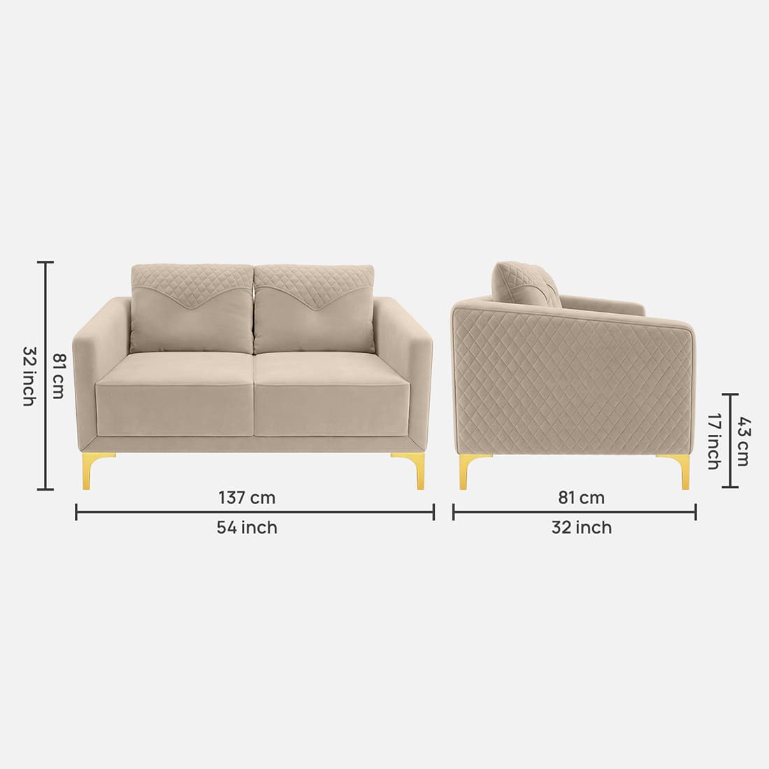 Modern Quilted 2-Seater Loveseat Sofa with Cushioned Backrest & Gold-Tone Legs