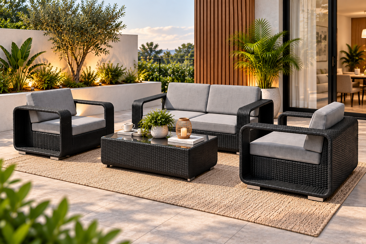 5 Piece Outdoor Patio Furniture Set | Wicker Sofa, Chairs & Coffee Table