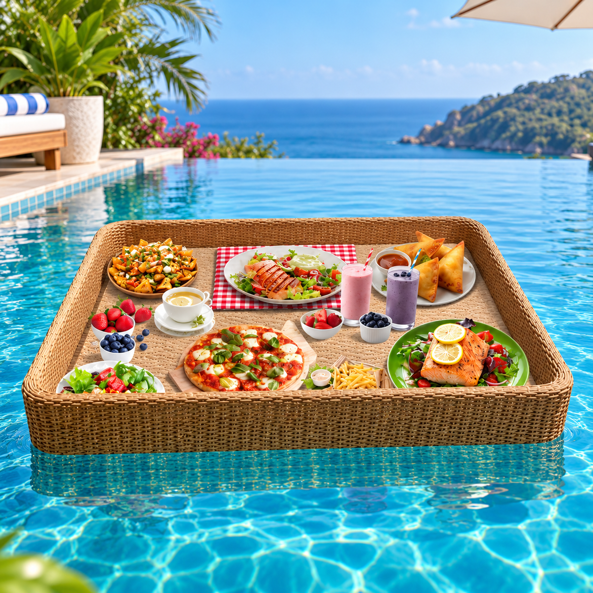 Large Floating Pool Tray | Woven Poolside Food & Drink Serving Tray