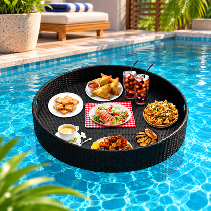 Round Floating Pool Tray | Woven Outdoor Food & Drink Serving Tray