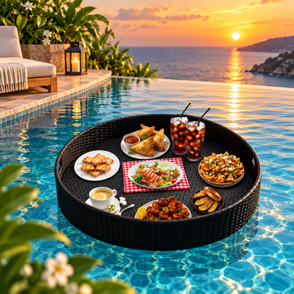 Round Floating Pool Tray | Woven Outdoor Food & Drink Serving Tray