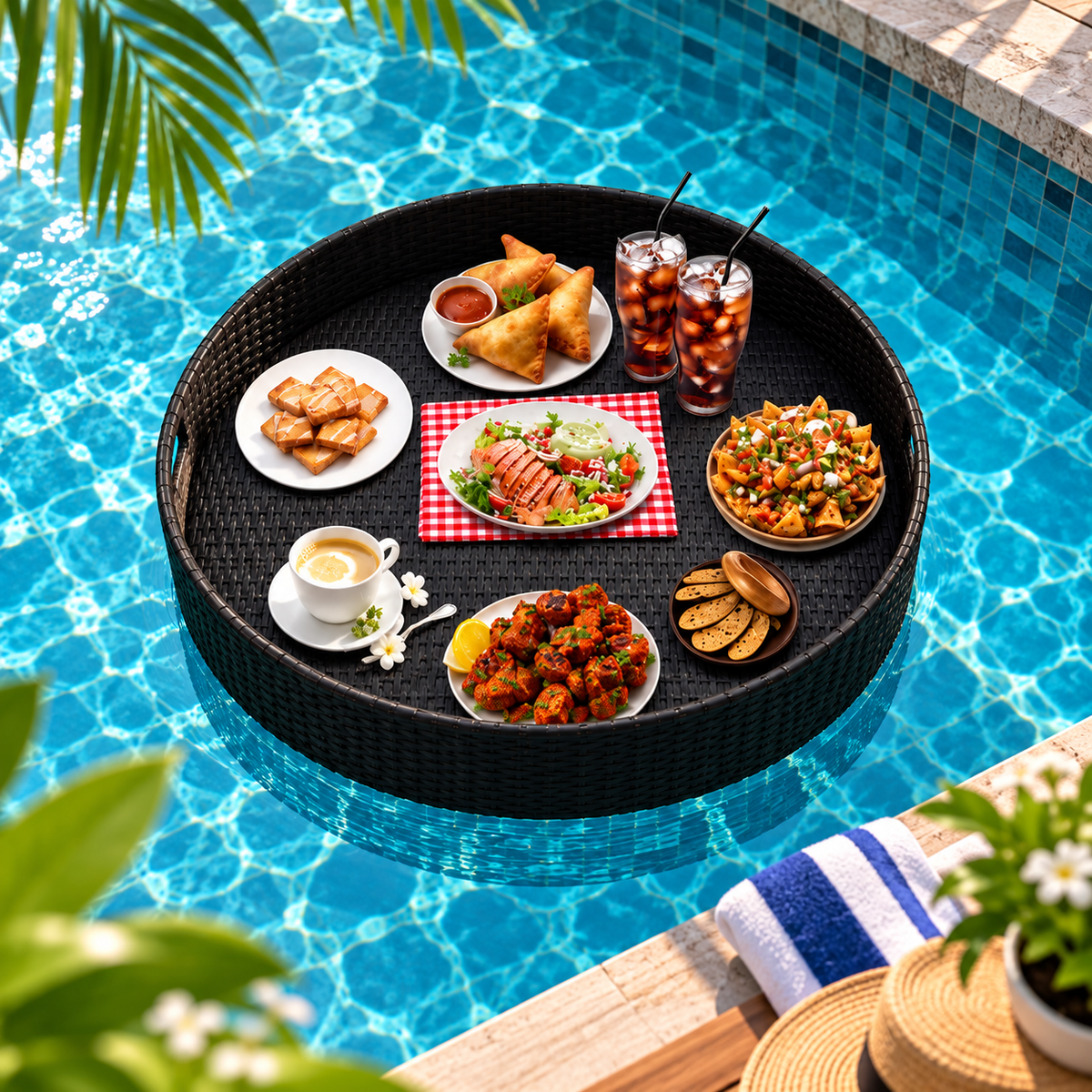 Round Floating Pool Tray | Woven Outdoor Food & Drink Serving Tray