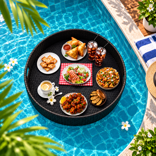 Round Floating Pool Tray | Woven Outdoor Food & Drink Serving Tray