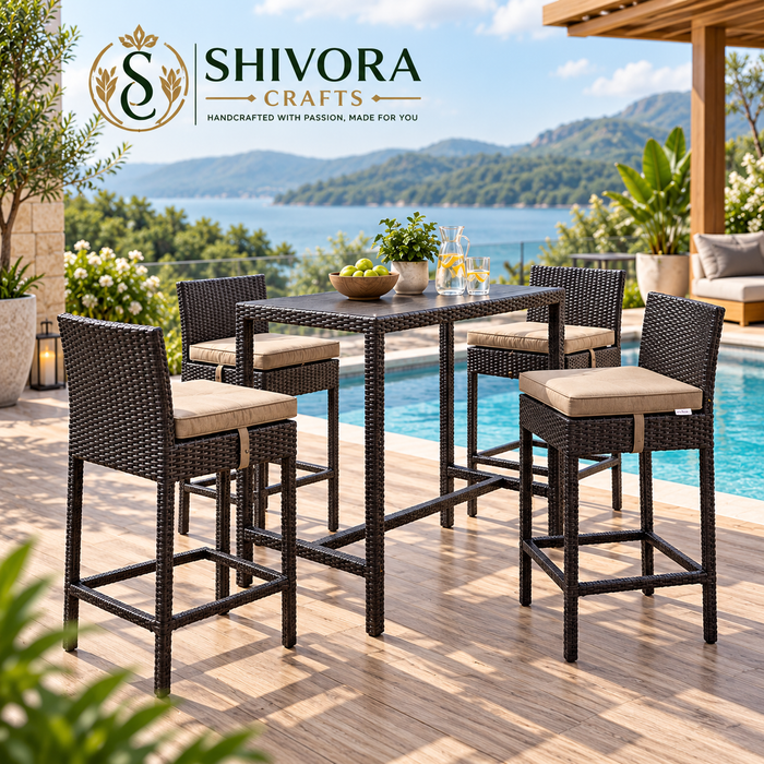 Outdoor Wicker Bar Table Set with 4 Counter Height Chairs
