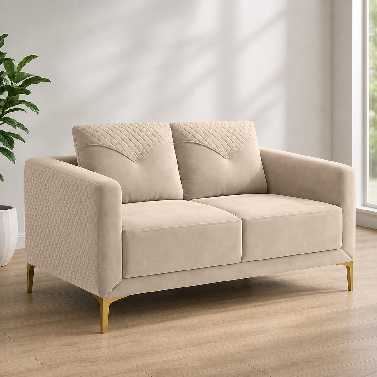 Modern Quilted 2-Seater Loveseat Sofa with Cushioned Backrest & Gold-Tone Legs