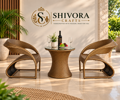 Outdoor Wicker Bistro Set with 2 Patio Chairs & Round Glass Table