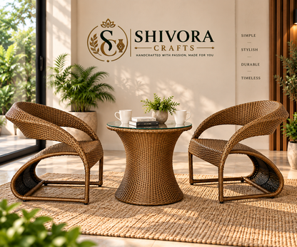 Outdoor Wicker Bistro Set with 2 Patio Chairs & Round Glass Table