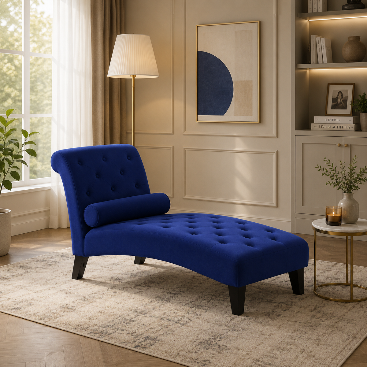 Tufted Chaise Lounge Chair with Bolster Pillow & Padded Seat