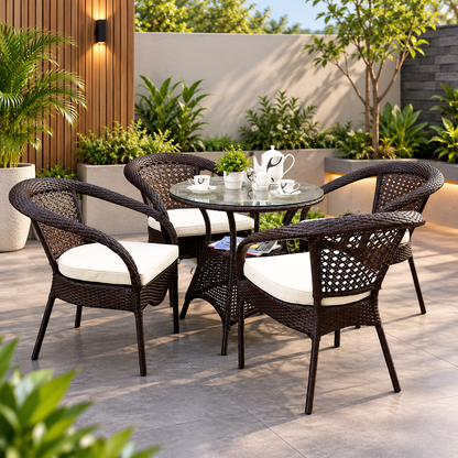 5-Piece Woven Patio Dining Set with 4 Armchairs & Glass-Top Table