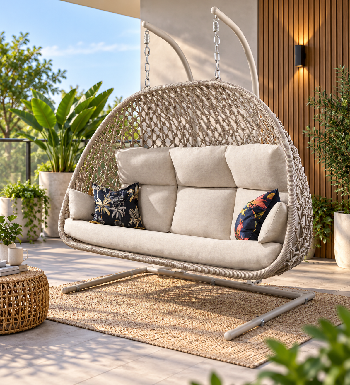 Double Hanging Swing Chair with Stand – Woven Outdoor Egg Bench