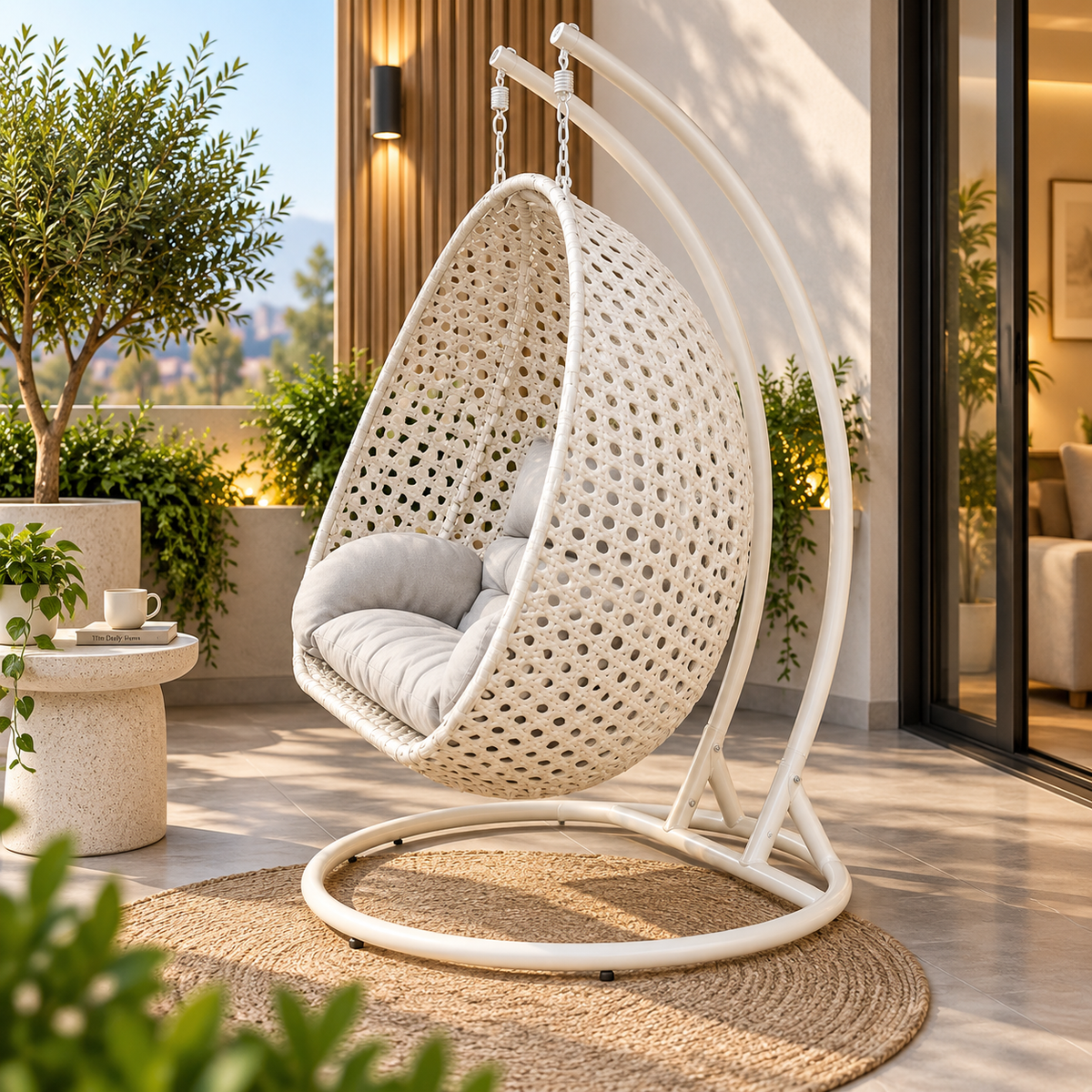 Double Hanging Egg Chair with Stand – Woven Outdoor Swing Chair