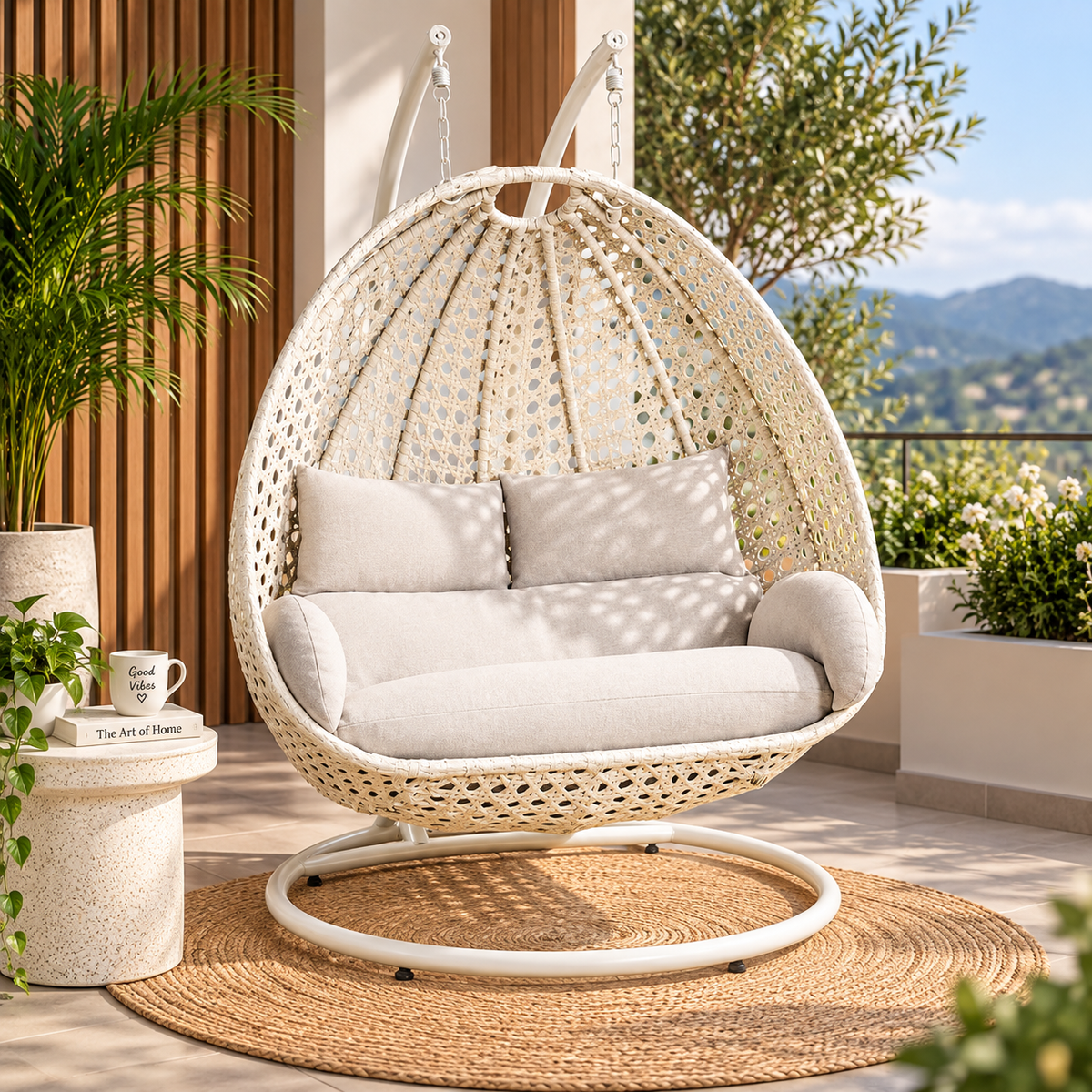 Double Hanging Egg Chair with Stand – Woven Outdoor Swing Chair