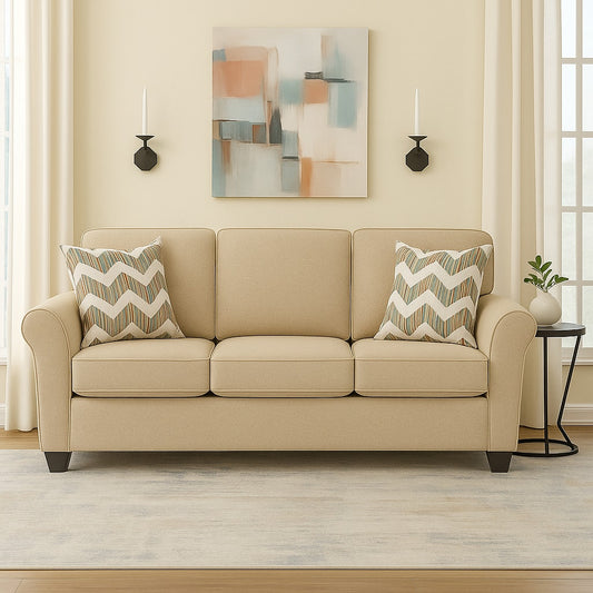 Classic 3-Seater Fabric Sofa with Cushioned Back & Rolled Arms