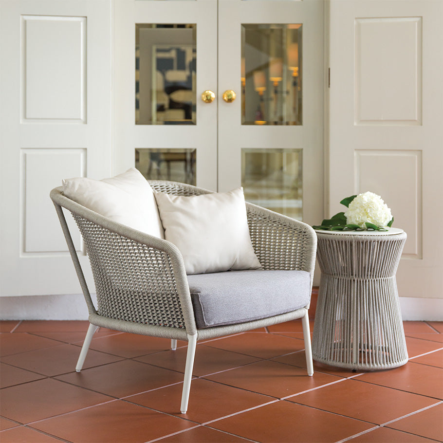 Outdoor Woven Lounge Chair with Cushioned Seat & Accent Table