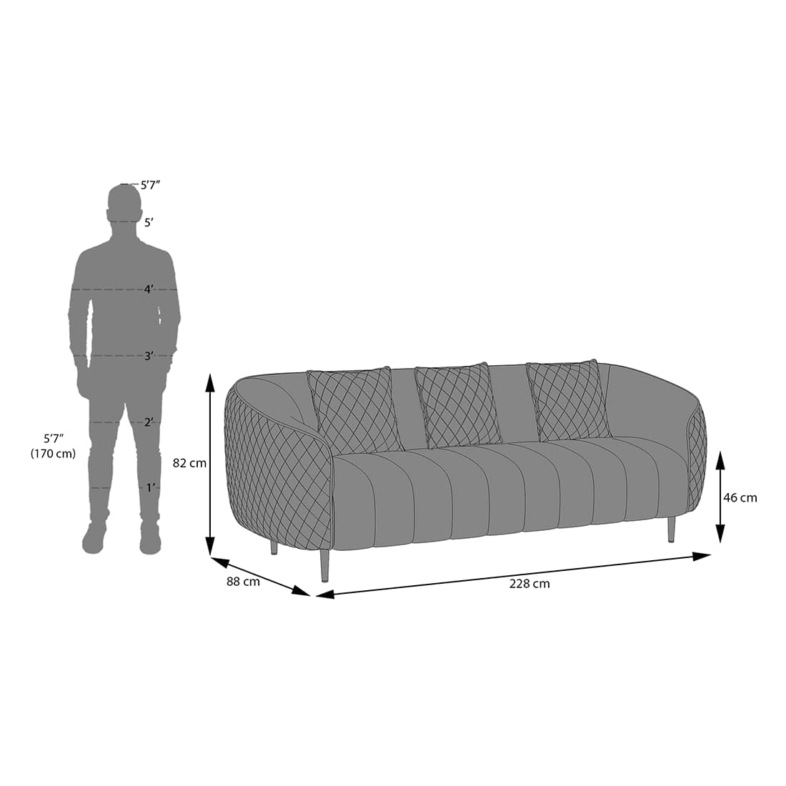 Modern Quilted 3-Seater Sofa with Channel-Tufted Seat & Cushions
