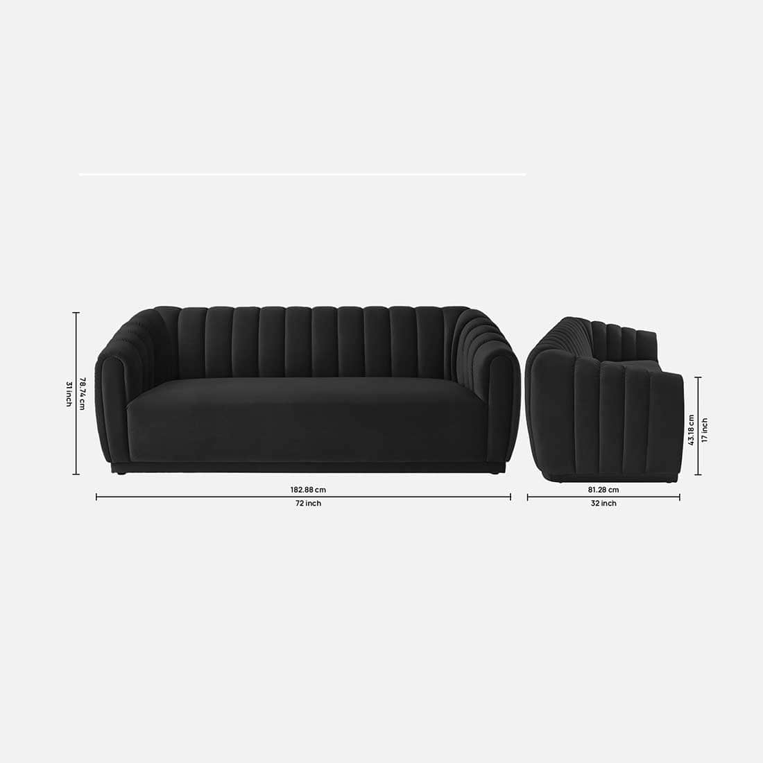 Modern Black 3 Seater Sofa | Channel Tufted Upholstered Sofa - Shivora Crafts