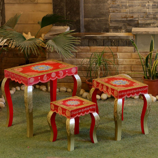 Wooden Hand Painted Stools – Red (Set of 3)