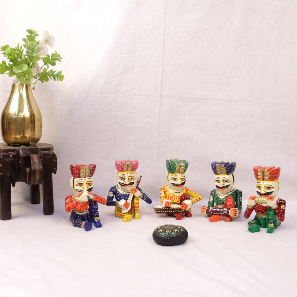 Handcrafted Wooden Rajasthani Musician Babla Set (4 Inch) | Colorful Folk Art Showpiece | Decorative Home Décor (Set of 5)