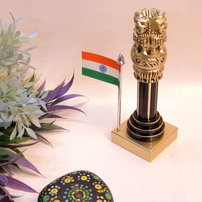 Wooden Ashok Pillar with Brass & Flag | 12 inches | Patriotic Decor & Corporate Gift