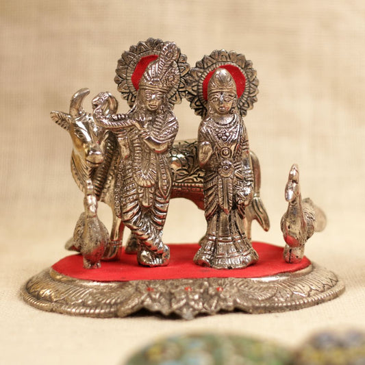 Metal Radha Krishna with Kamdhenu