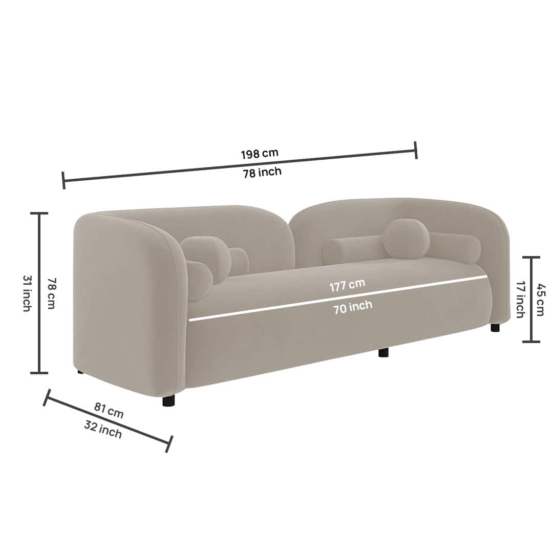 Modern Curved 3-Seater Sofa with Rounded Back & Bolster Cushions