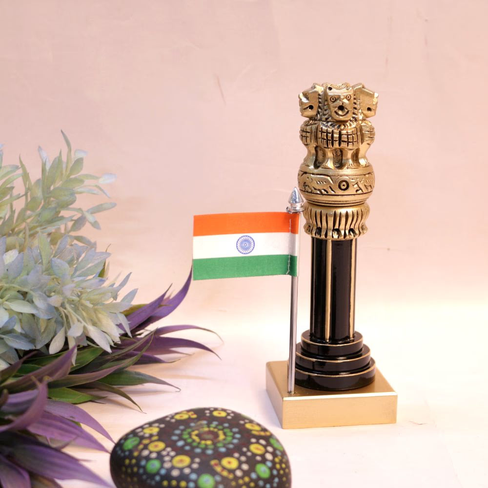 Wooden Ashok Pillar with Brass & Flag | 10 inches | Patriotic Decor & Corporate Gift