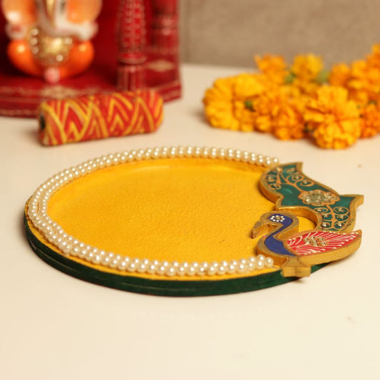 2 Liner Pearl Studded Peacock Yellow Pooja Thaali
