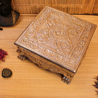 18x18 Silver Wooden Chowki | Premium Handcrafted Pooja Bajot | Decorative Silver Finish Platform for Home Temple & Weddings