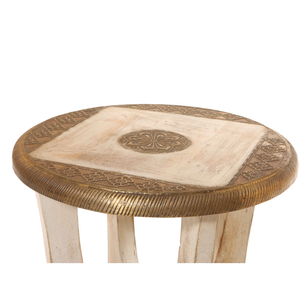 Brass White Side Stool – Handcrafted Wooden Stool with Brass Carving Artwork