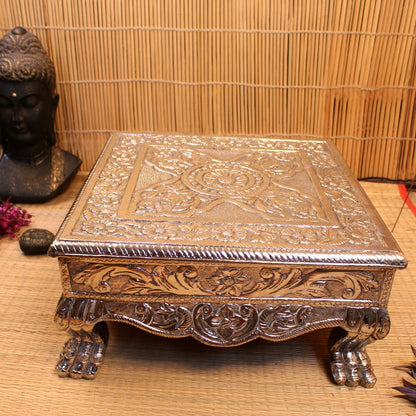 18x18 Silver Wooden Chowki | Premium Handcrafted Pooja Bajot | Decorative Silver Finish Platform for Home Temple & Weddings