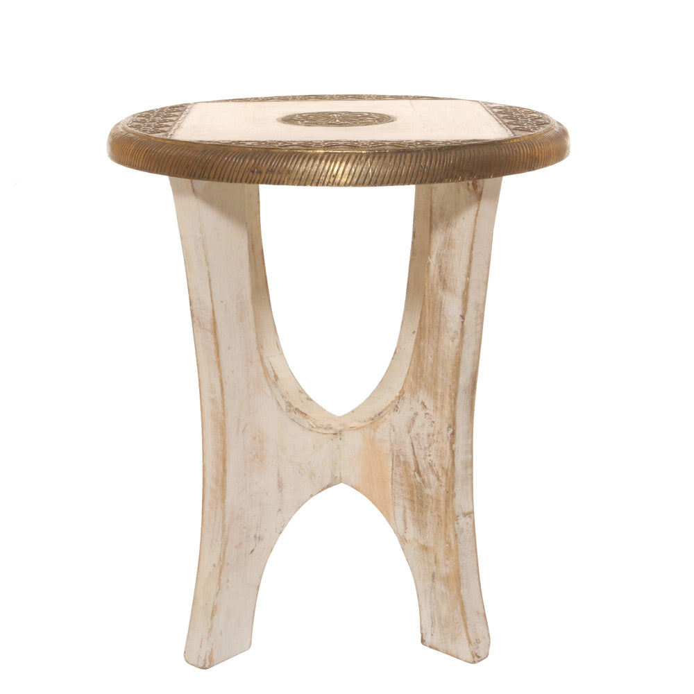 Brass White Side Stool – Handcrafted Wooden Stool with Brass Carving Artwork