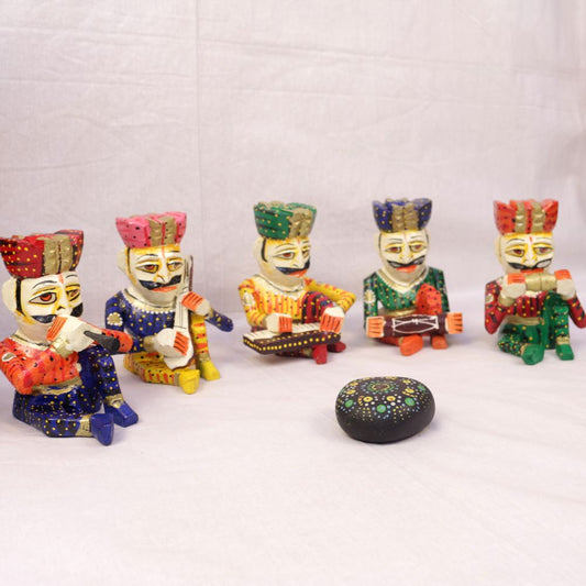 Handcrafted Wooden Rajasthani Musician Babla Set (4 Inch) | Colorful Folk Art Showpiece | Decorative Home Décor (Set of 5)