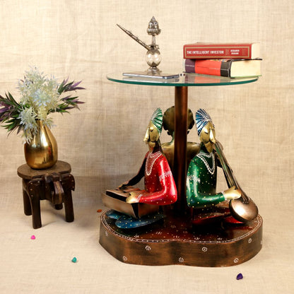 Handcrafted Musician Table – Wooden Rajasthani Art Decorative Side Table