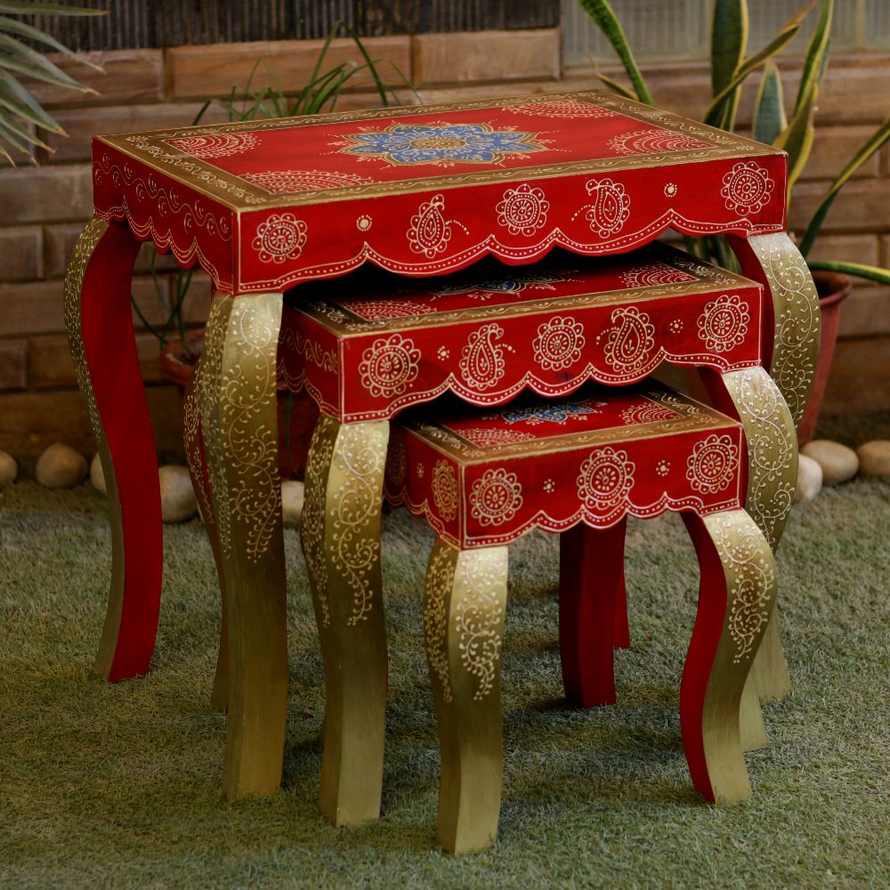 Wooden Hand Painted Stools – Red (Set of 3)