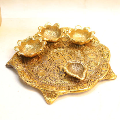 Metal Pooja Thali with Diya - Golden