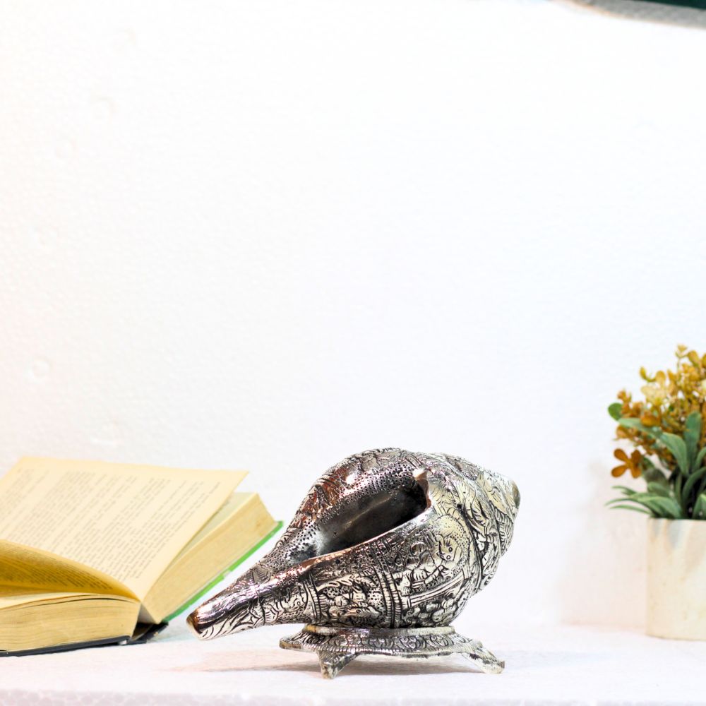 Metal Silver Shankh — Handcrafted Decorative Conch Shell Showpiece