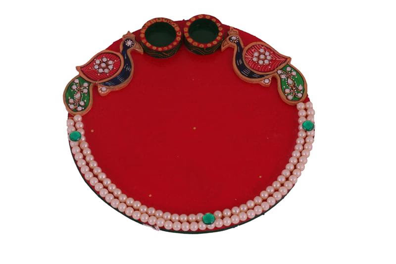 2 LINE PEARL STUDDED DUAL PEACOCK YELLOW POOJA THAALI