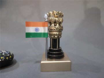 Wooden Ashok Pillar with Brass & Flag | 3 inches | Miniature Patriotic Decor & Gift