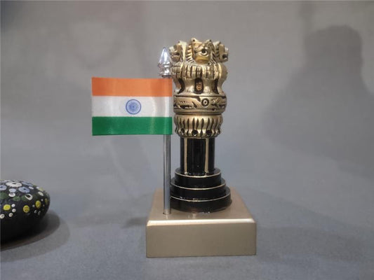 Wooden Ashok Pillar with Brass & Flag | 3 inches | Miniature Patriotic Decor & Gift