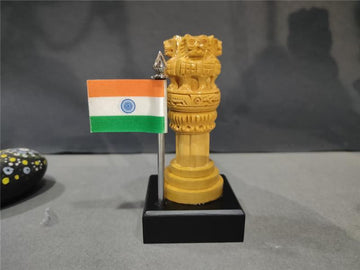 Wooden Ashok Pillar Natural Polish with Flag | 3 inches | Patriotic Decor & Gift