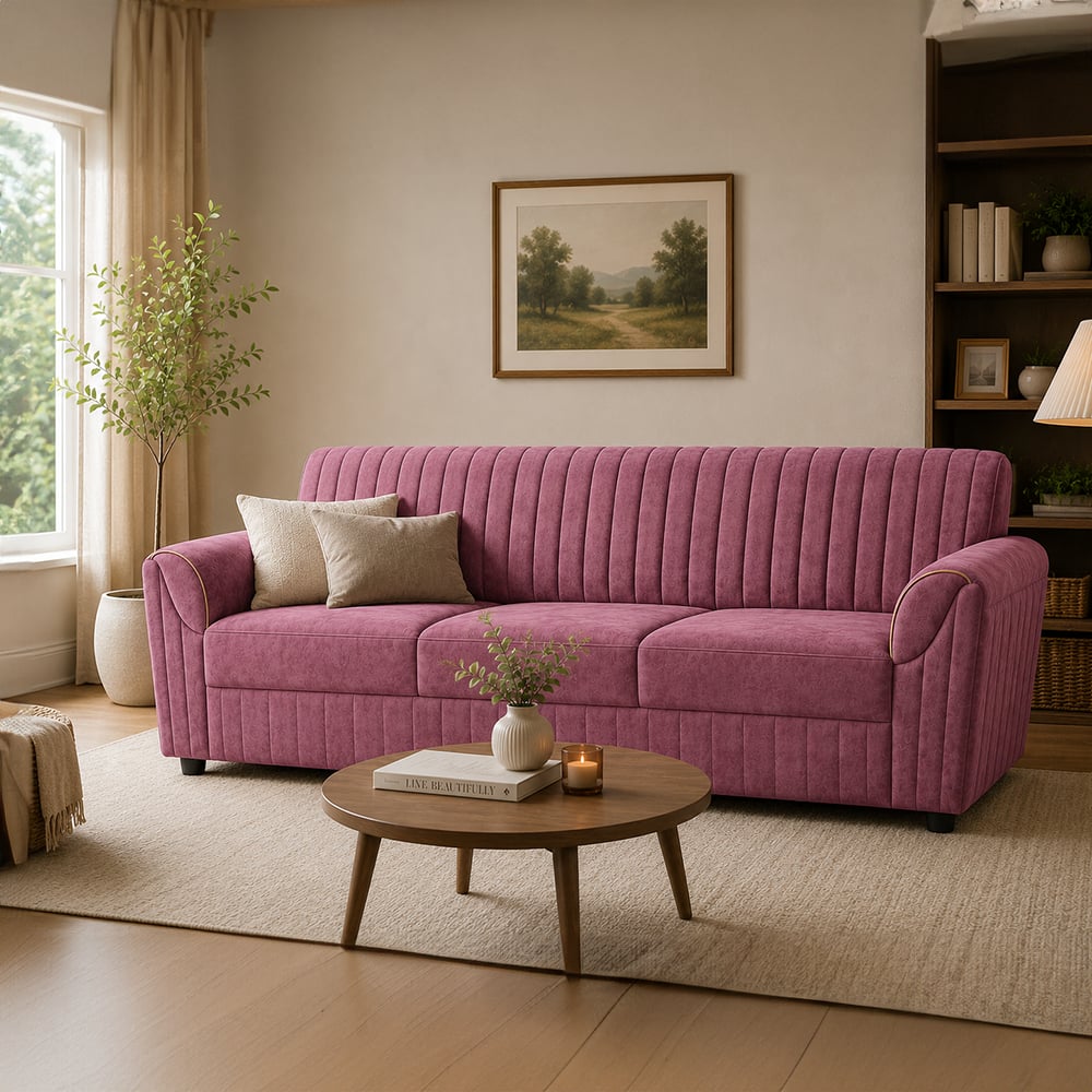Modern 3 Seater Channel Tufted Sofa | Fabric Upholstered Living Room Sofa