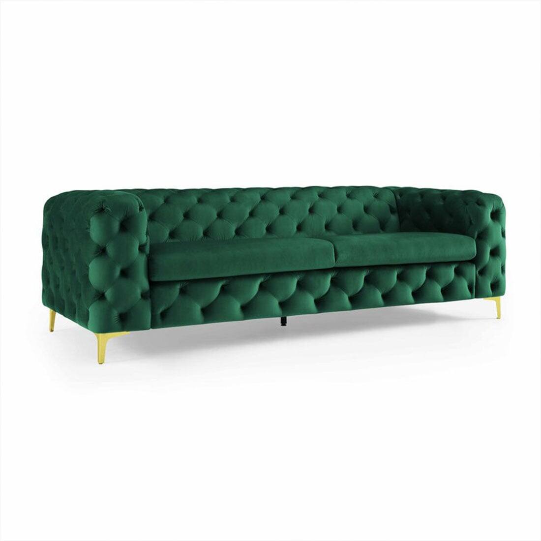 Luxury 3-Seater Green Tufted Chesterfield Sofa with Gold Legs